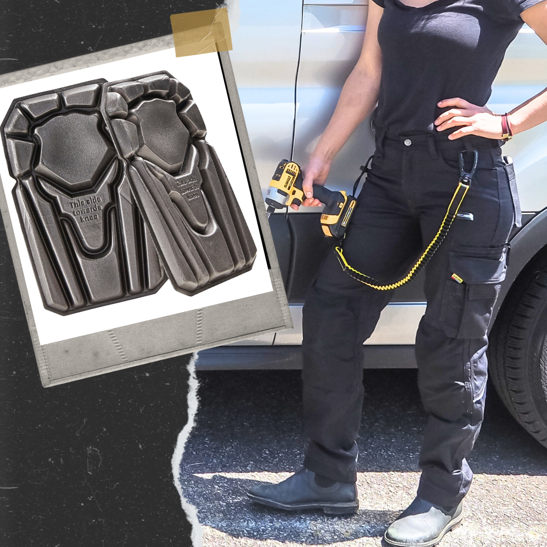 Women's black ripstop work pants and kneepad combo