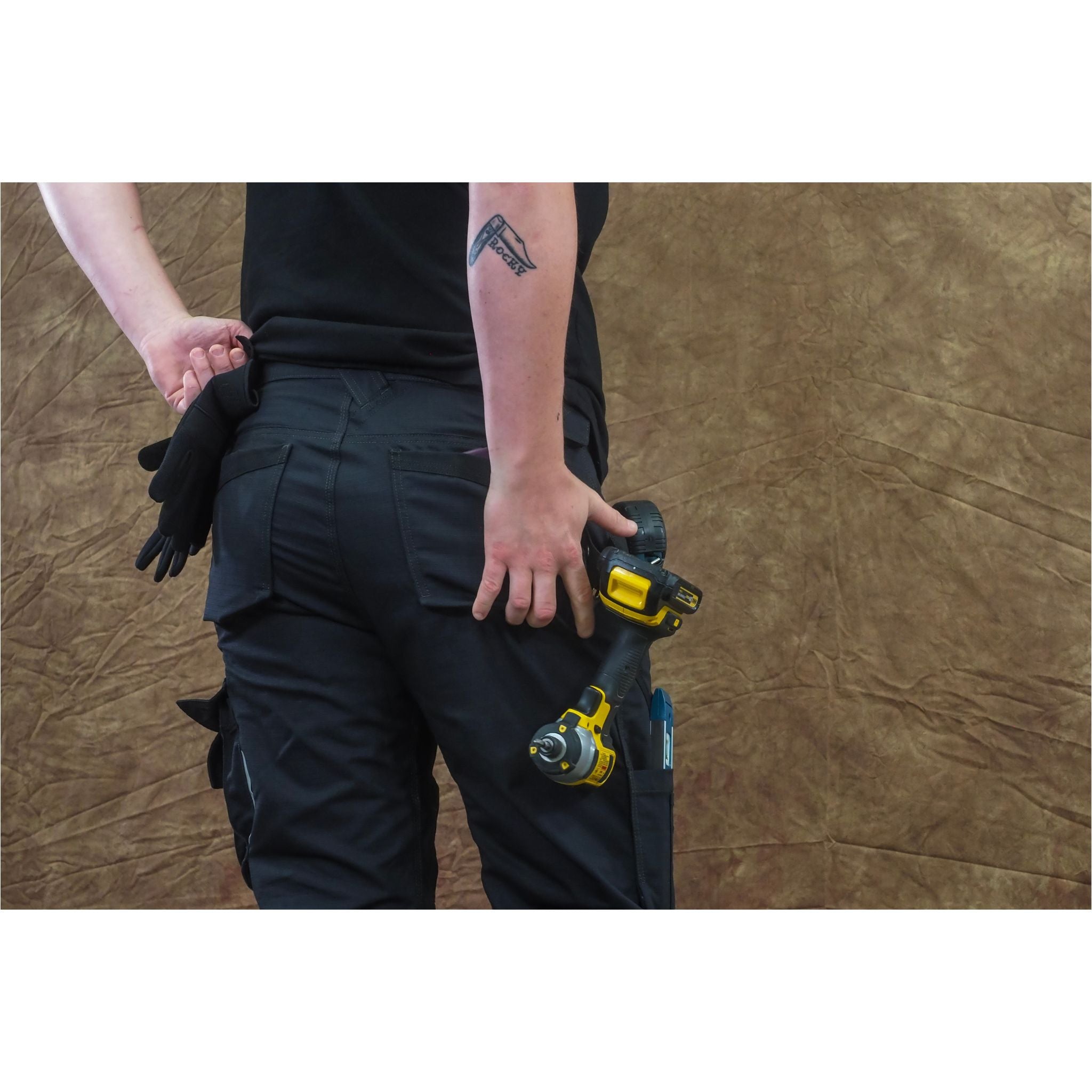 women's black work pants with tool loops and deep pockets